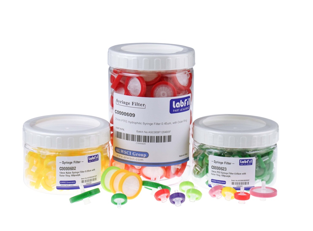 25 mm PTFE Hydrophobes Spritzenvorsatzfilter 0.45um mit Aussenring und Bedruckung.100Stk/Pk.